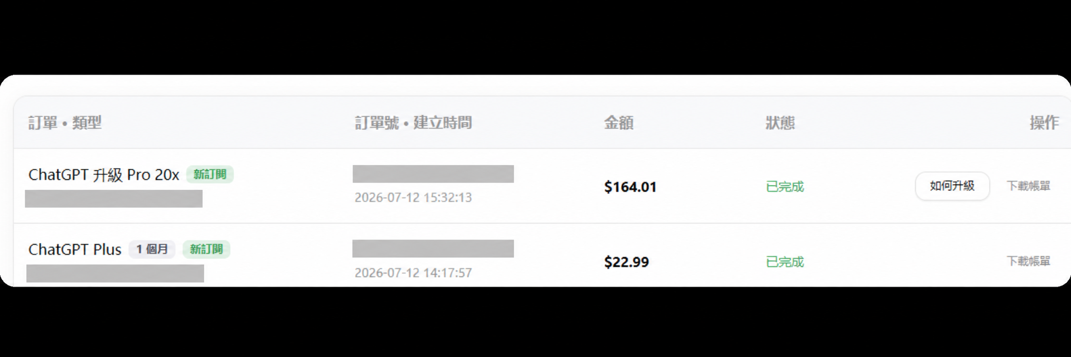 2026年7月BeWild订单页显示Plus和升级Pro 20x订单已完成