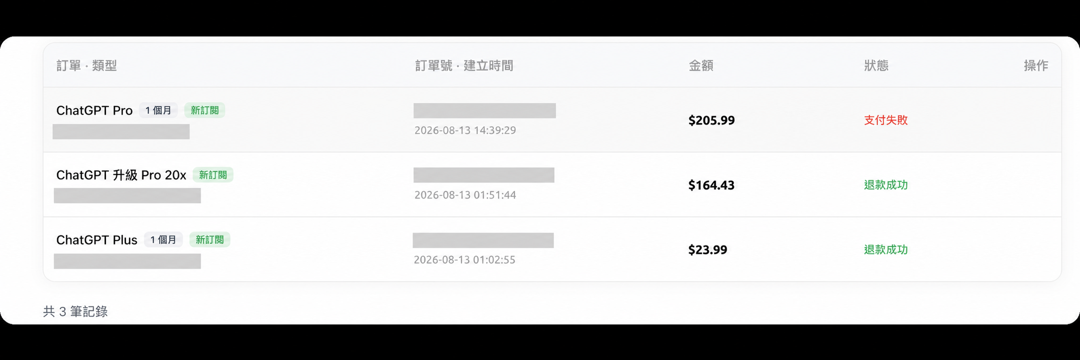 2026年8月BeWild订单页显示Plus与Pro 20x退款成功以及Pro支付失败